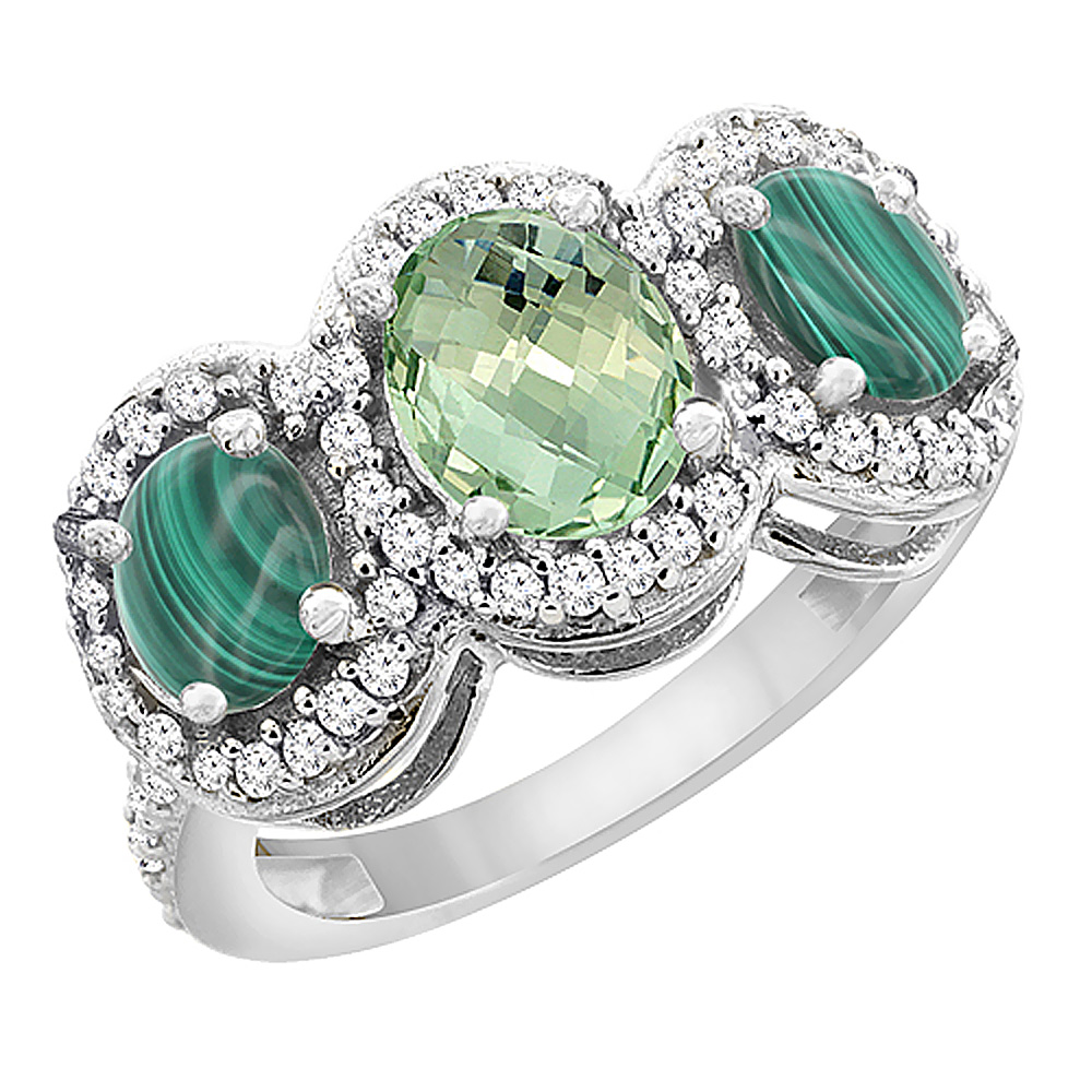 14K White Gold Natural Green Amethyst & Malachite 3-Stone Ring Oval Diamond Accent, sizes 5 - 10