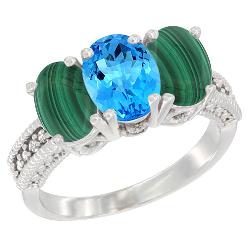 10K White Gold Diamond Natural Swiss Blue Topaz & Malachite Ring 3-Stone 7x5 mm Oval, sizes 5 - 10