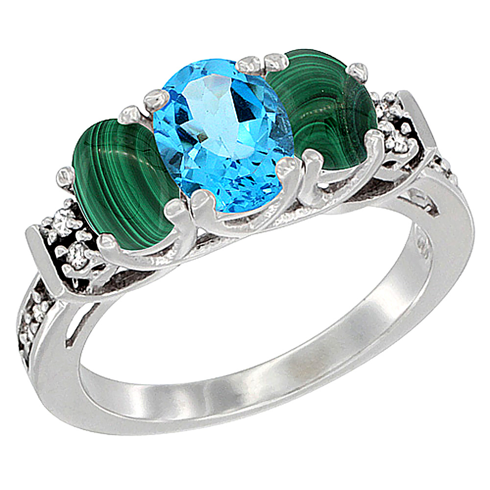 14K White Gold Natural Swiss Blue Topaz & Malachite Ring 3-Stone Oval Diamond Accent, sizes 5-10