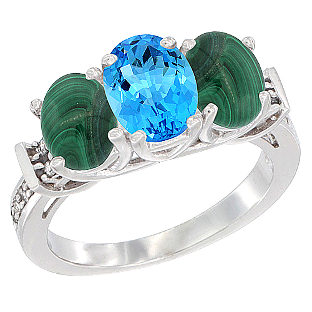 14K White Gold Natural Swiss Blue Topaz & Malachite Sides Ring 3-Stone Oval Diamond Accent, sizes 5 - 10