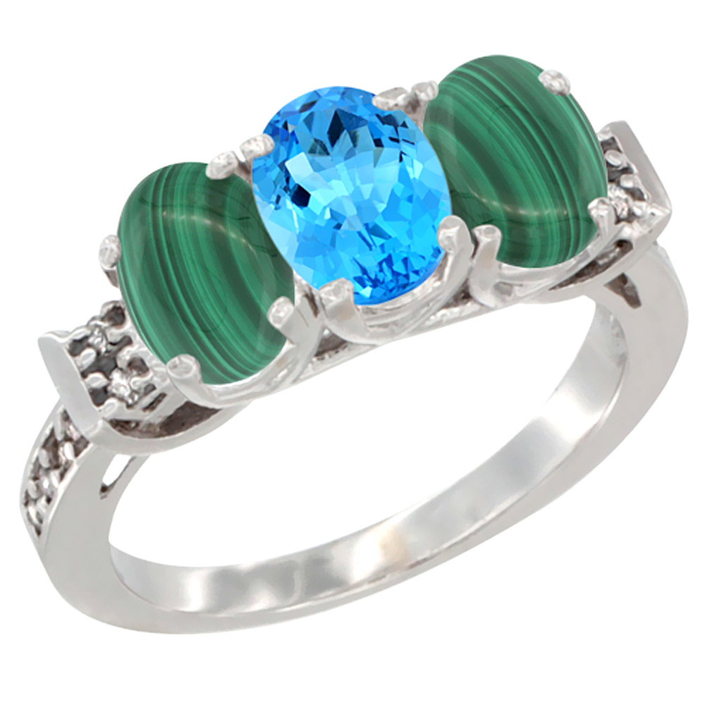 10K White Gold Natural Swiss Blue Topaz & Malachite Sides Ring 3-Stone Oval 7x5 mm Diamond Accent, sizes 5 - 10