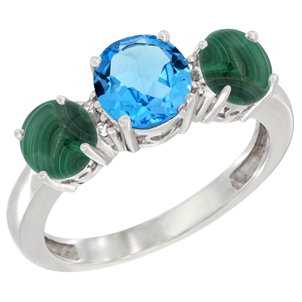 14K White Gold Round 3-Stone Natural Swiss Blue Topaz Ring & Malachite Sides Diamond Accent, sizes 5 - 10