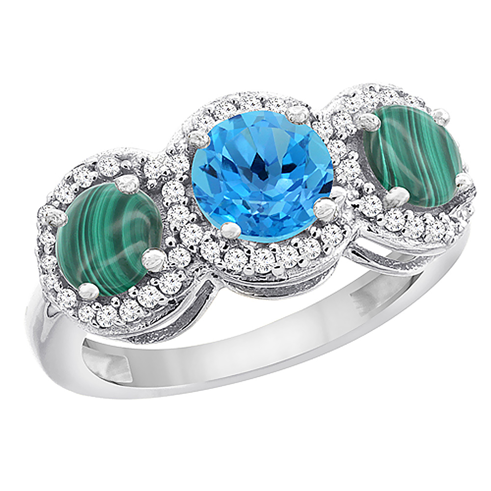 14K White Gold Natural Swiss Blue Topaz & Malachite Sides Round 3-stone Ring Diamond Accents, sizes 5 - 10