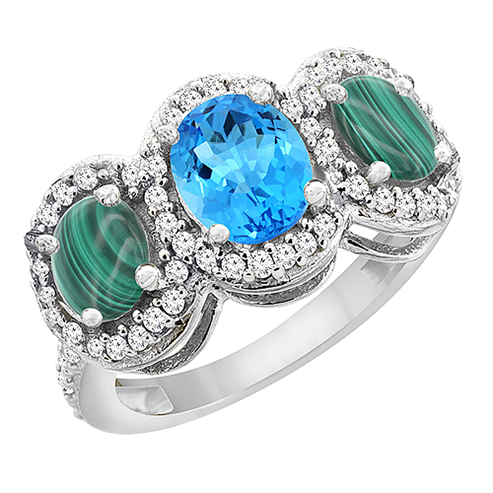 14K White Gold Natural Swiss Blue Topaz & Malachite 3-Stone Ring Oval Diamond Accent, sizes 5 - 10