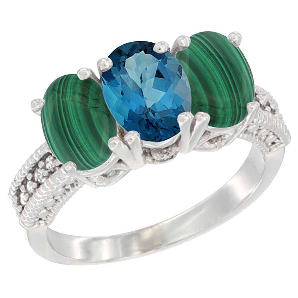 10K White Gold Diamond Natural London Blue Topaz & Malachite Ring 3-Stone 7x5 mm Oval, sizes 5 - 10