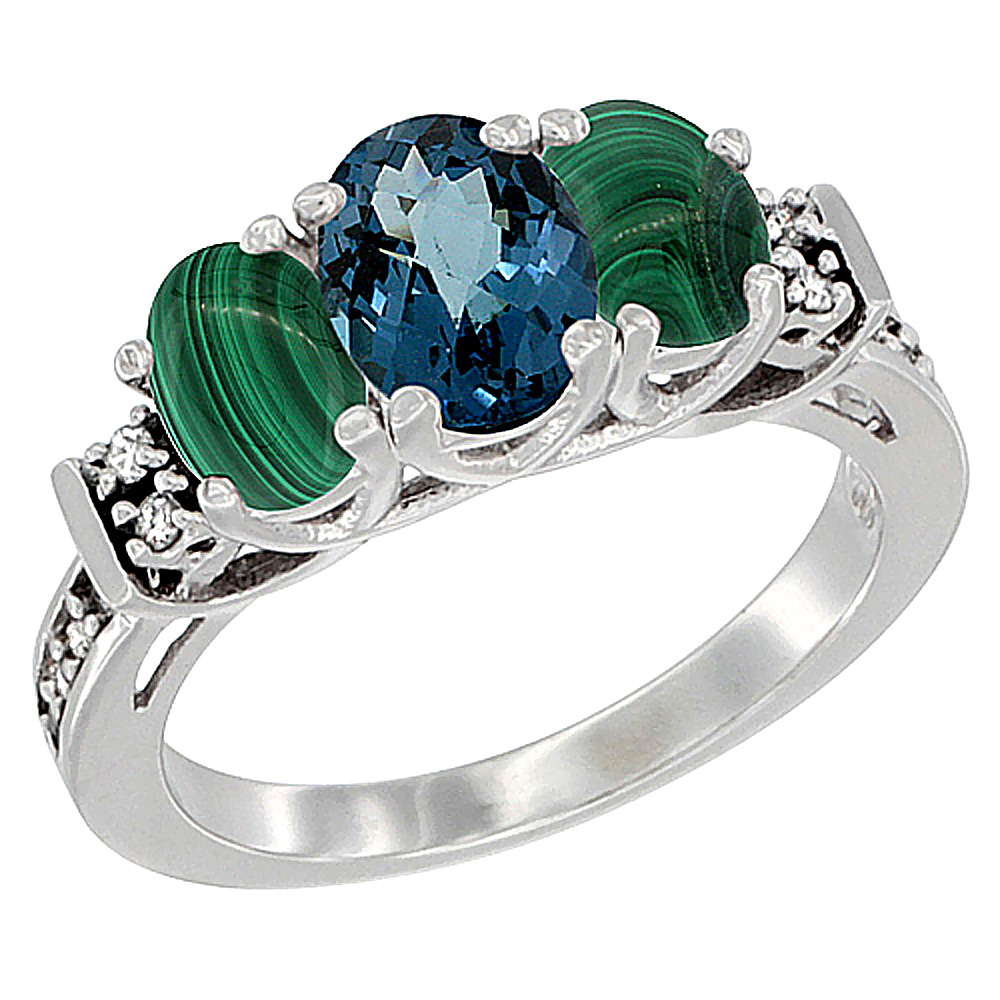 10K White Gold Natural London Blue Topaz & Malachite Ring 3-Stone Oval Diamond Accent, sizes 5-10