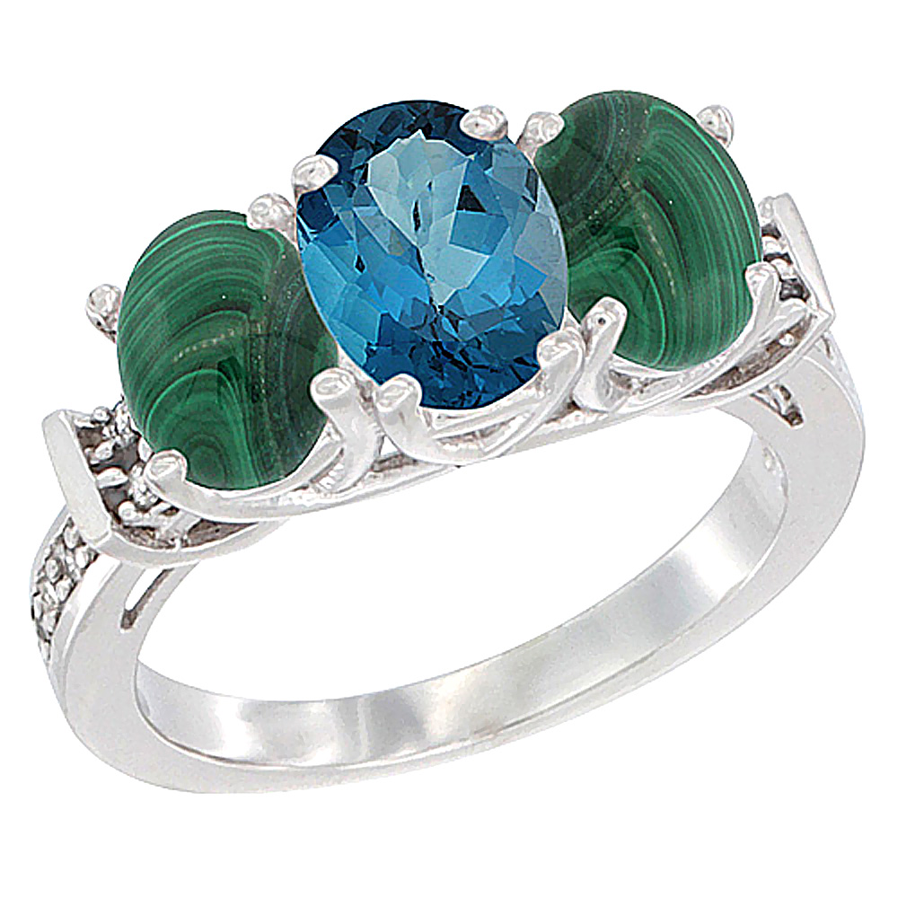 14K White Gold Natural London Blue Topaz & Malachite Sides Ring 3-Stone Oval Diamond Accent, sizes 5 - 10