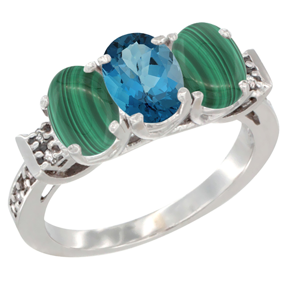 14K White Gold Natural London Blue Topaz & Malachite Ring 3-Stone 7x5 mm Oval Diamond Accent, sizes 5 - 10