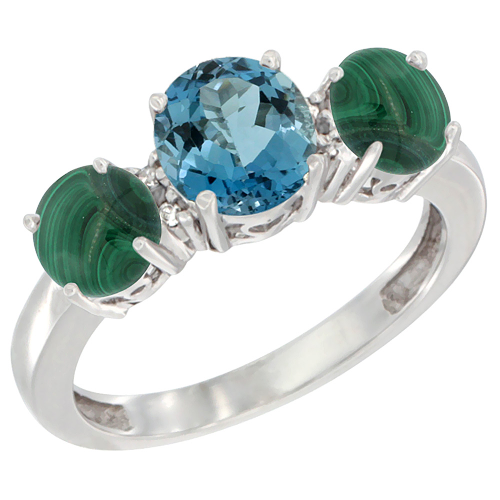 14K White Gold Round 3-Stone Natural London Blue Topaz Ring & Malachite Sides Diamond Accent, sizes 5 - 10