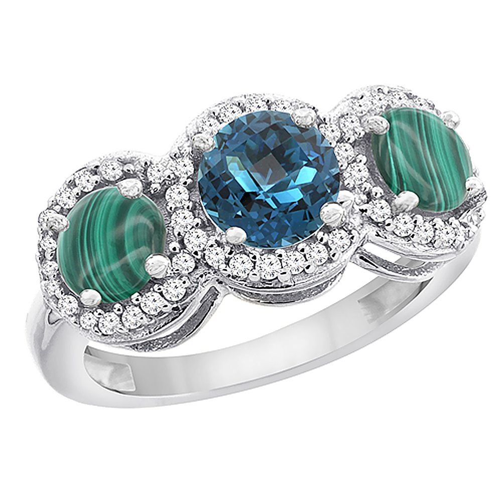 10K White Gold Natural London Blue Topaz & Malachite Sides Round 3-stone Ring Diamond Accents, sizes 5 - 10