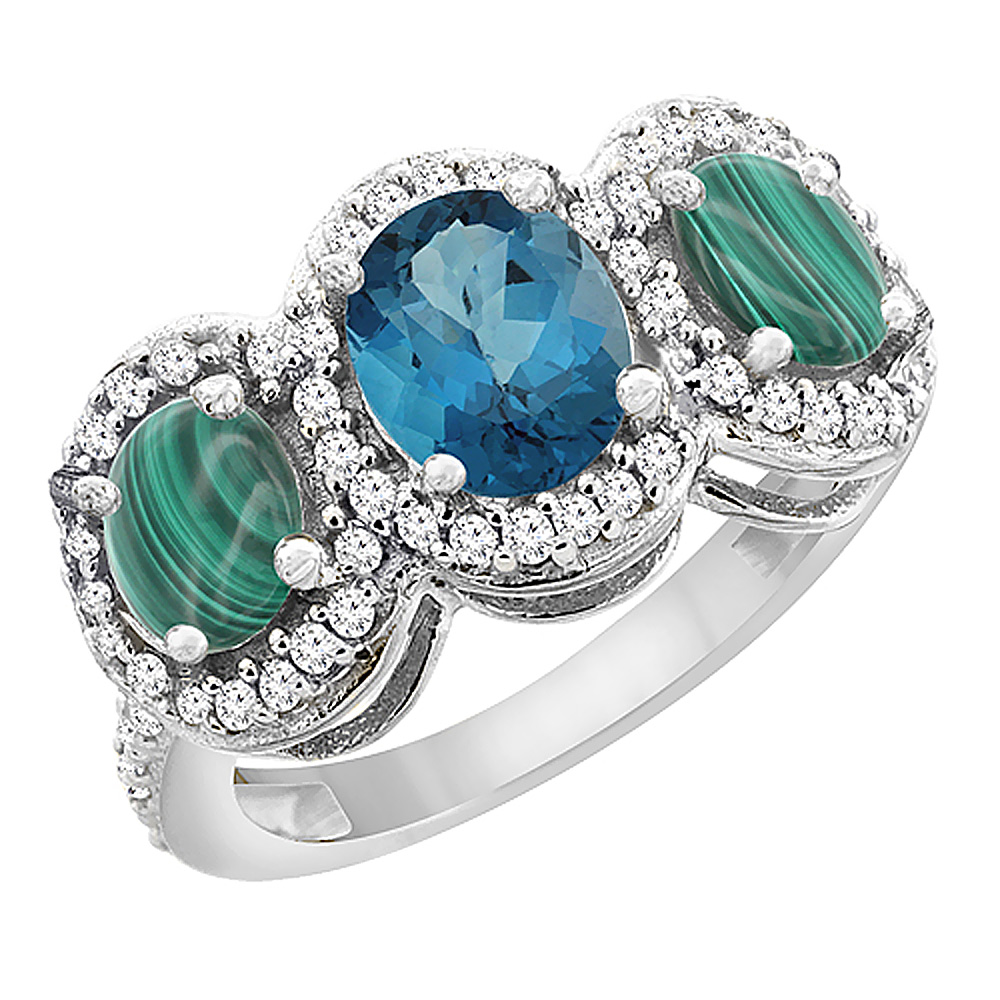 14K White Gold Natural London Blue Topaz &amp; Malachite 3-Stone Ring Oval Diamond Accent, sizes 5 - 10