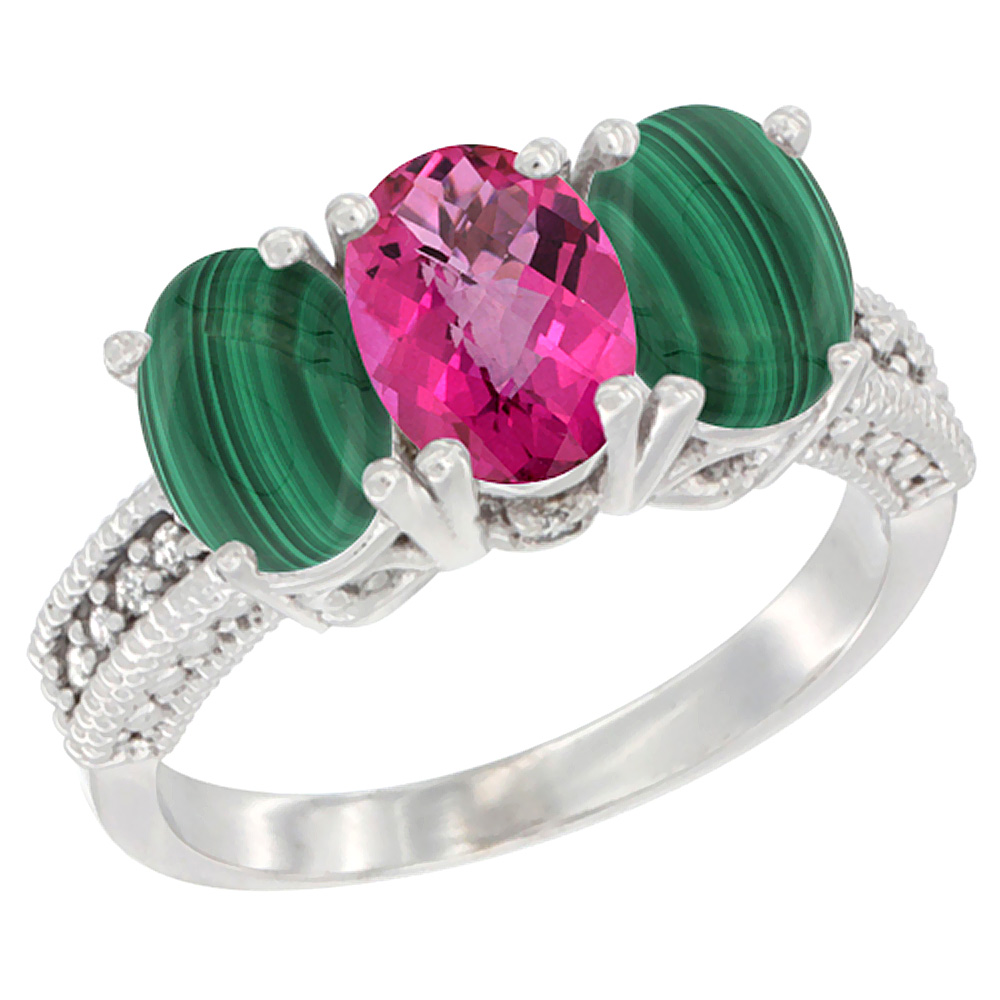 10K White Gold Diamond Natural Pink Topaz & Malachite Ring 3-Stone 7x5 mm Oval, sizes 5 - 10