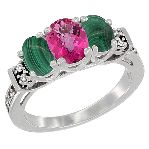 14K White Gold Natural Pink Topaz & Malachite Ring 3-Stone Oval Diamond Accent, sizes 5-10