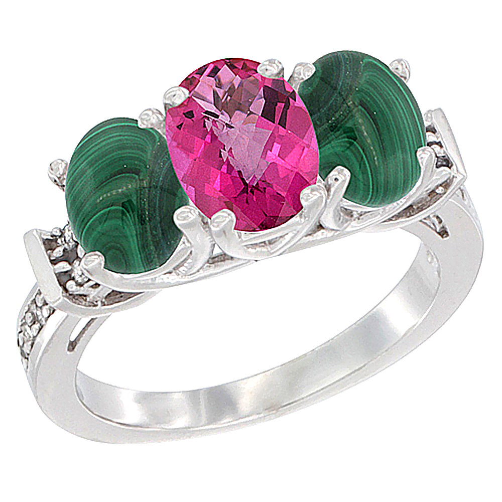 14K White Gold Natural Pink Topaz & Malachite Sides Ring 3-Stone Oval Diamond Accent, sizes 5 - 10