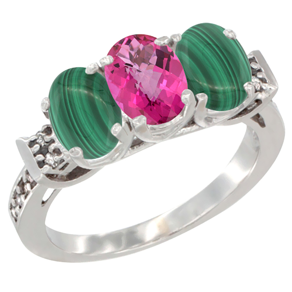 14K White Gold Natural Pink Topaz &amp; Malachite Ring 3-Stone 7x5 mm Oval Diamond Accent, sizes 5 - 10