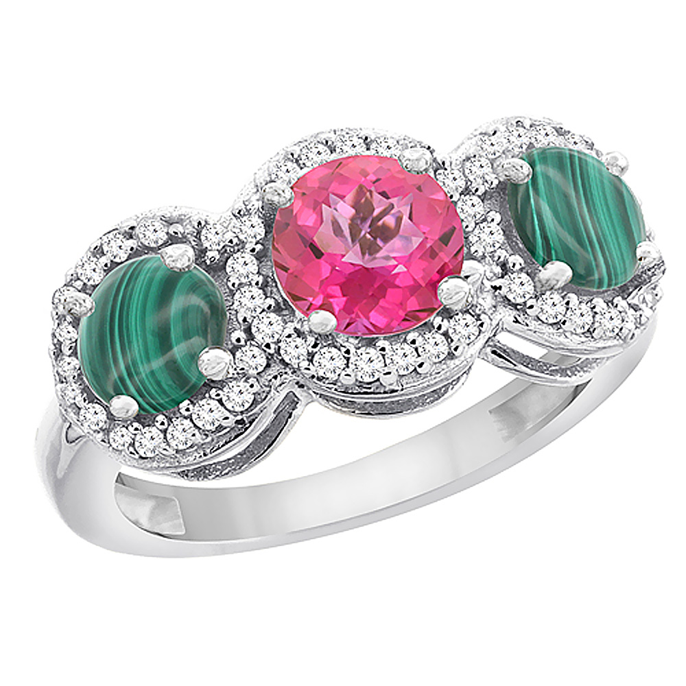 14K White Gold Natural Pink Topaz & Malachite Sides Round 3-stone Ring Diamond Accents, sizes 5 - 10