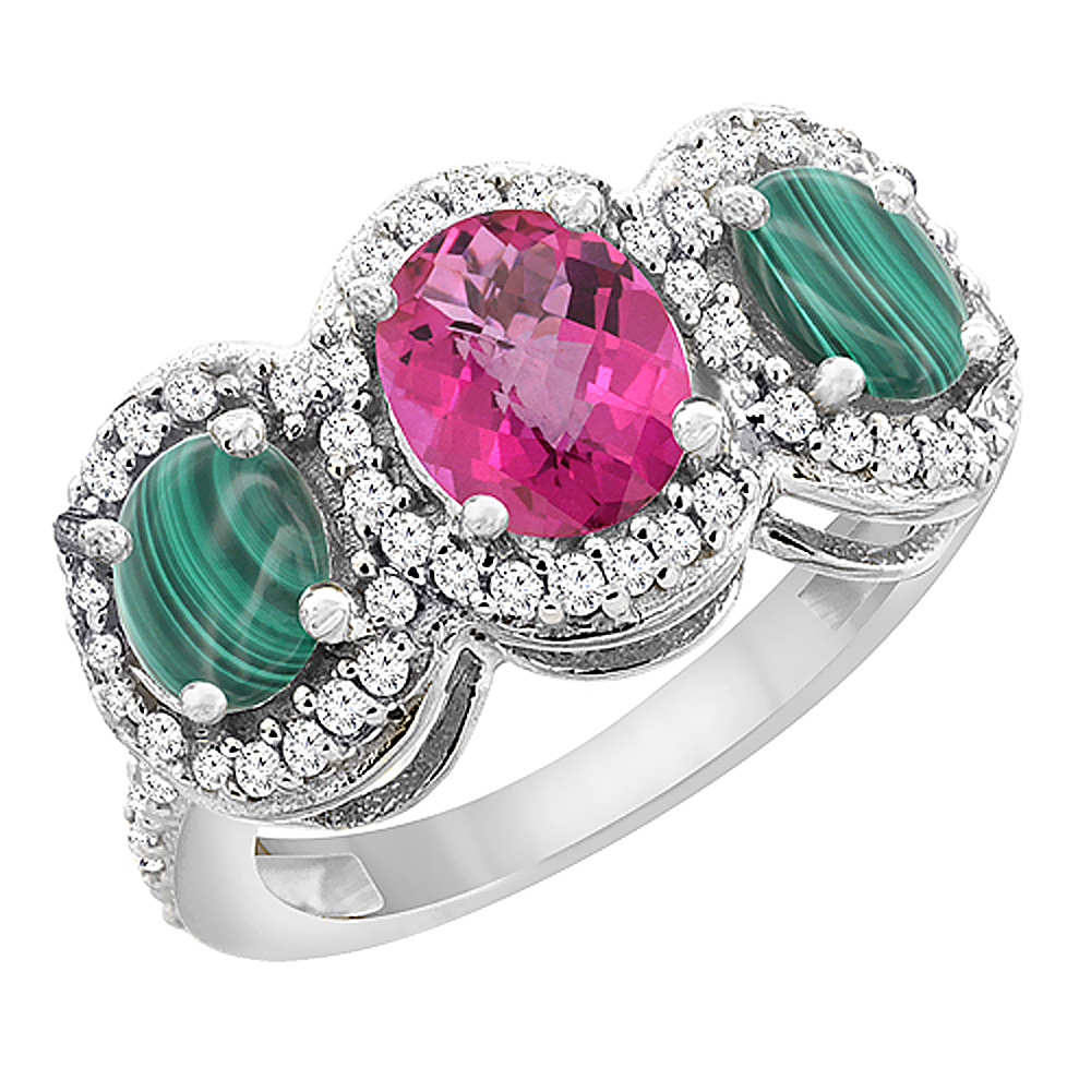 14K White Gold Natural Pink Topaz & Malachite 3-Stone Ring Oval Diamond Accent, sizes 5 - 10