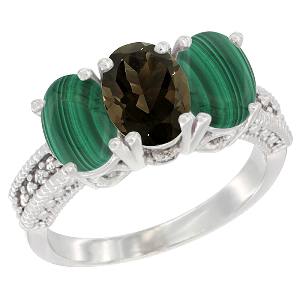 14K White Gold Natural Smoky Topaz Ring with Malachite 3-Stone 7x5 mm Oval Diamond Accent, sizes 5 - 10