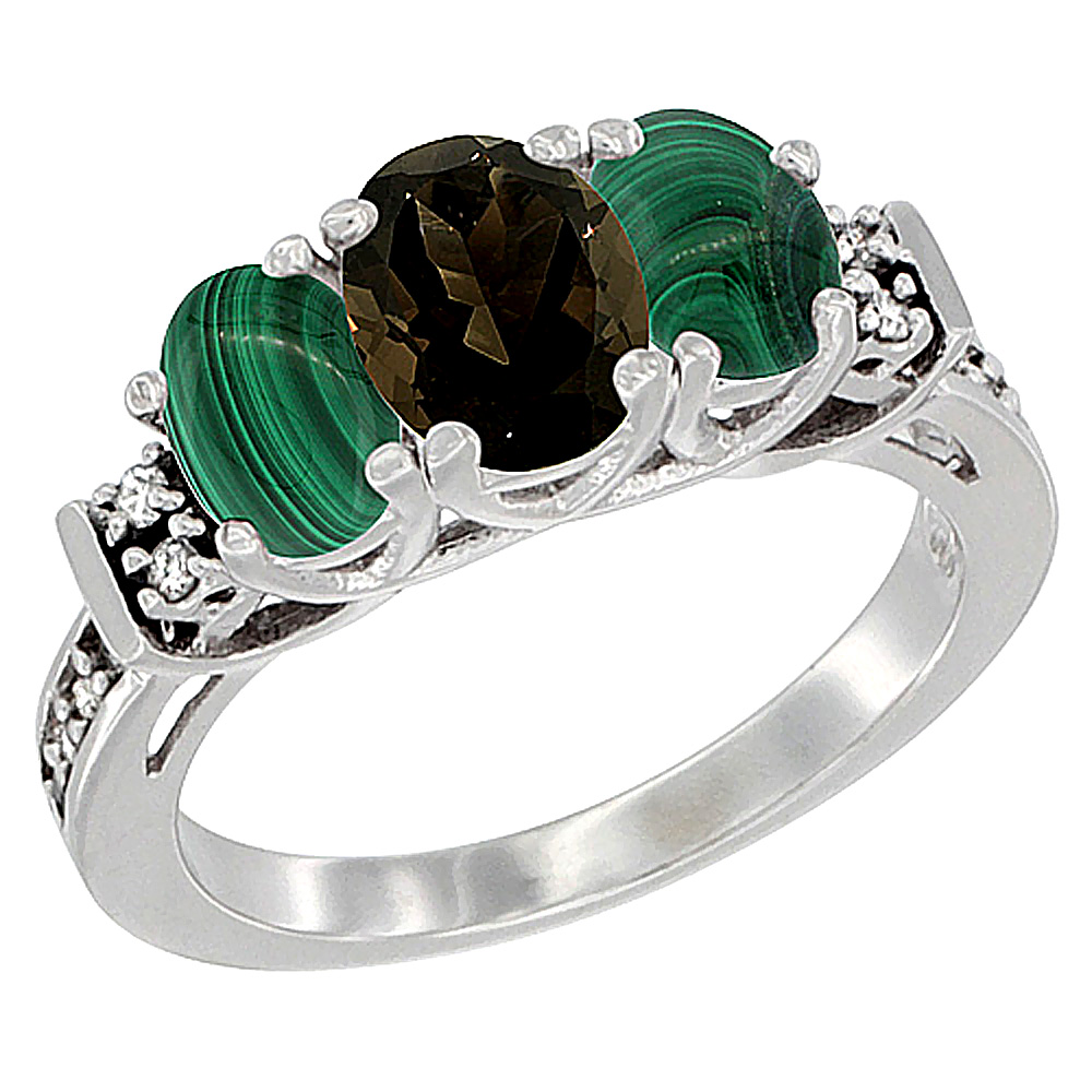 14K White Gold Natural Smoky Topaz & Malachite Ring 3-Stone Oval Diamond Accent, sizes 5-10