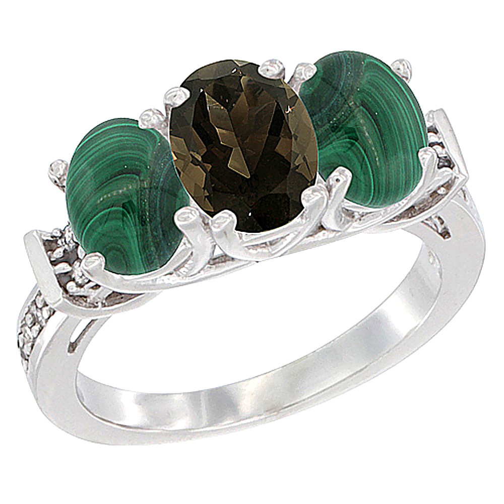 14K White Gold Natural Smoky Topaz & Malachite Sides Ring 3-Stone Oval Diamond Accent, sizes 5 - 10