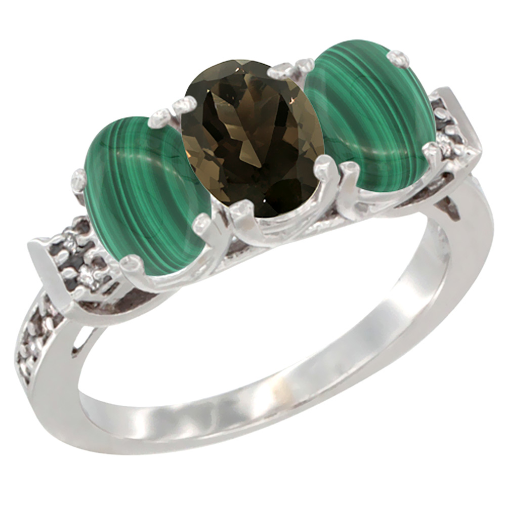 14K White Gold Natural Smoky Topaz & Malachite Ring 3-Stone 7x5 mm Oval Diamond Accent, sizes 5 - 10