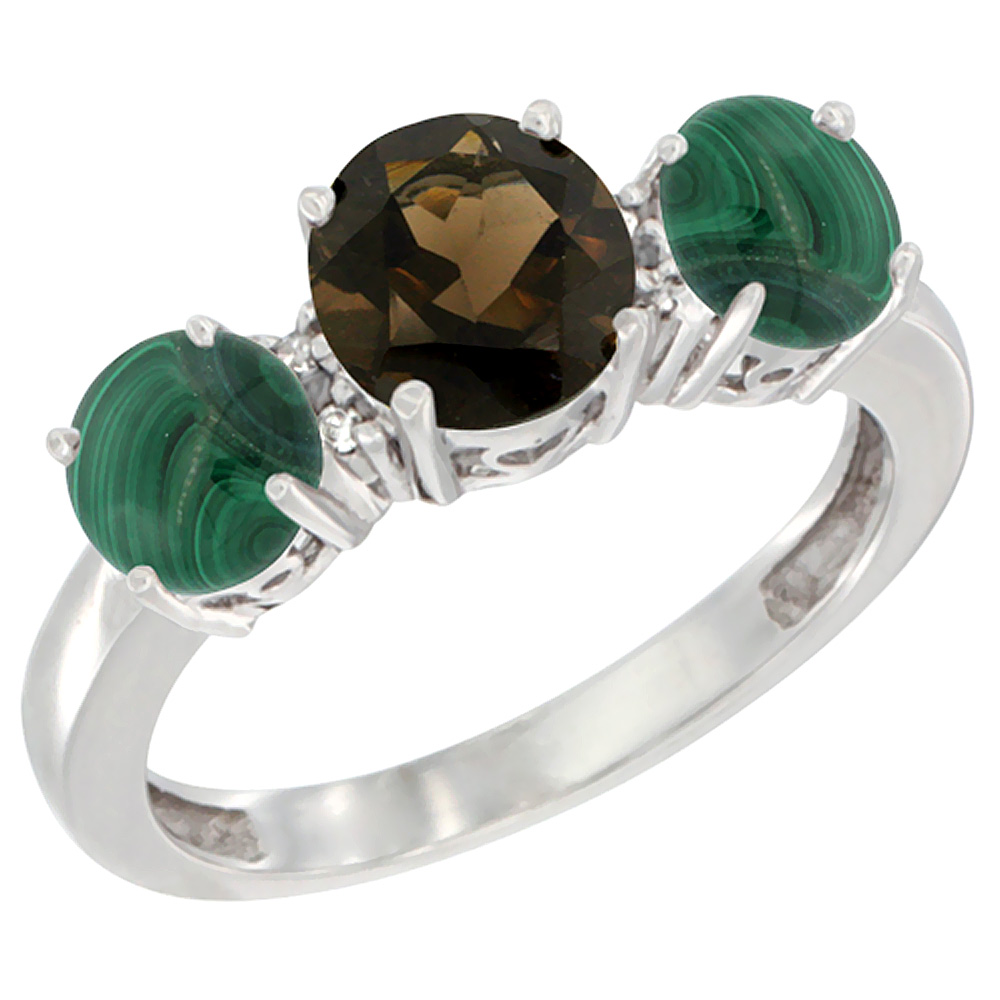 10K White Gold Round 3-Stone Natural Smoky Topaz Ring & Malachite Sides Diamond Accent, sizes 5 - 10