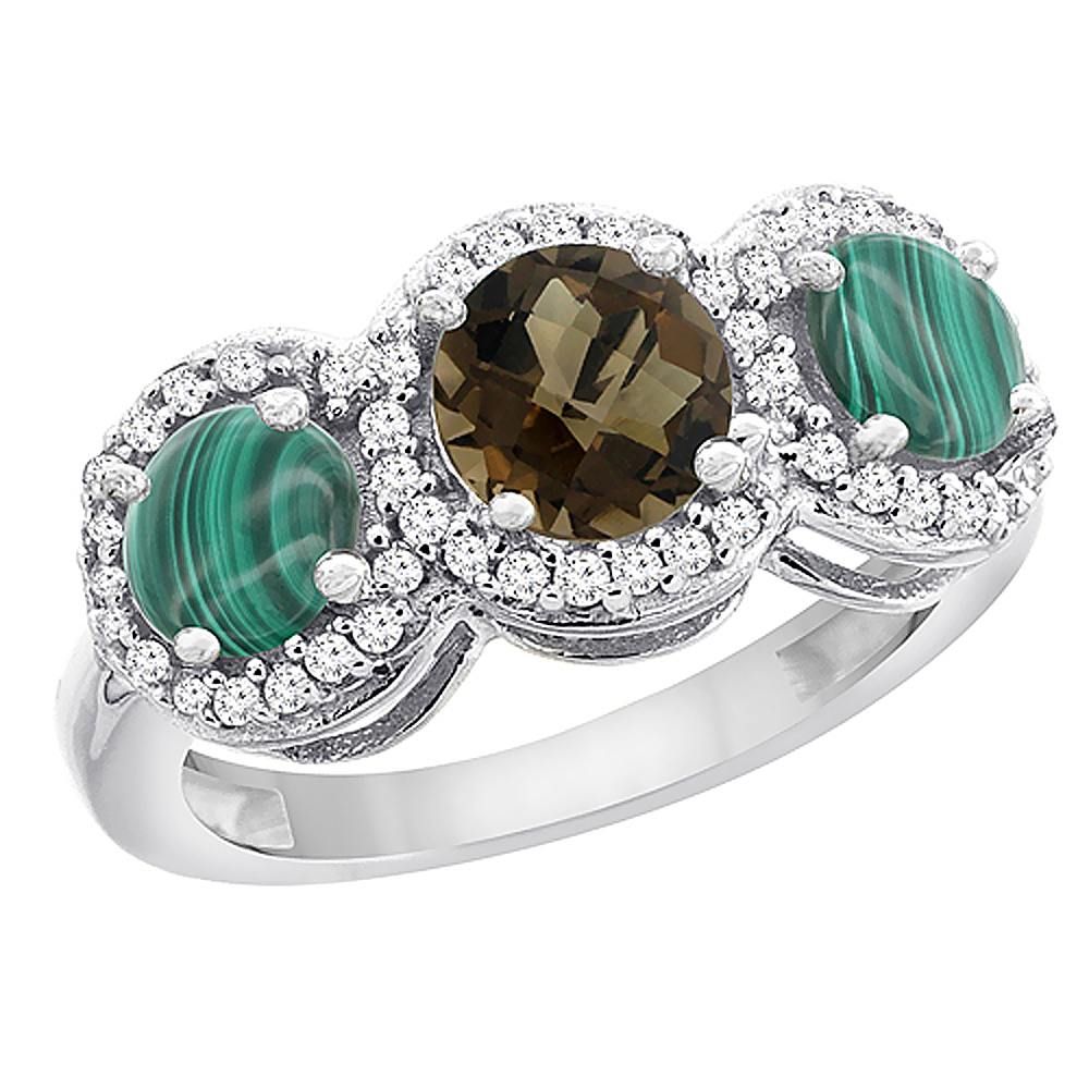 10K White Gold Natural Smoky Topaz & Malachite Sides Round 3-stone Ring Diamond Accents, sizes 5 - 10