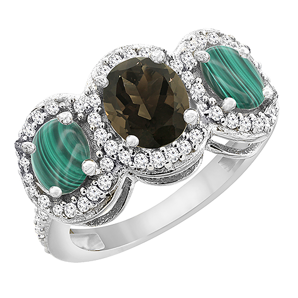 10K White Gold Natural Smoky Topaz & Malachite 3-Stone Ring Oval Diamond Accent, sizes 5 - 10