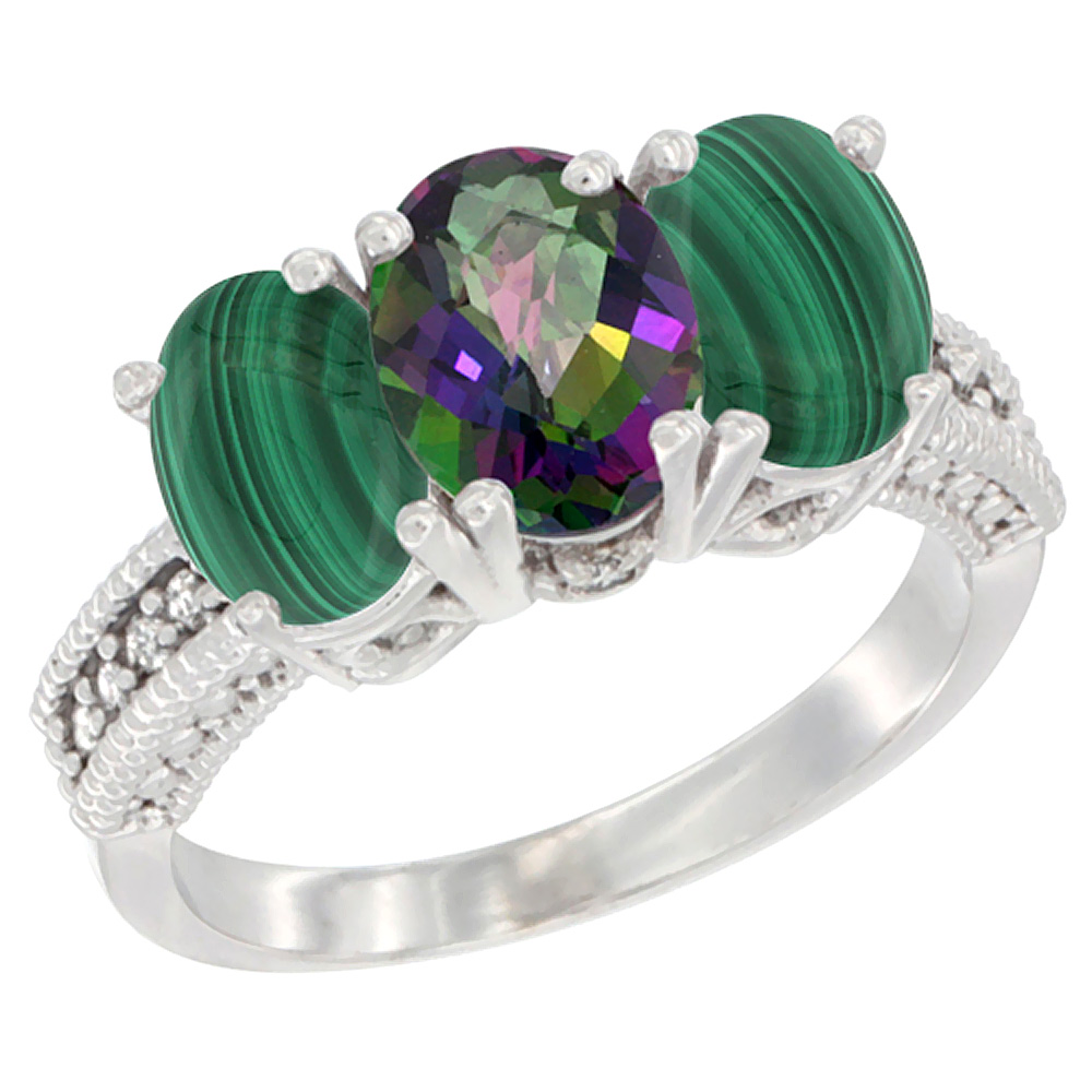 10K White Gold Diamond Natural Mystic Topaz & Malachite Ring 3-Stone 7x5 mm Oval, sizes 5 - 10