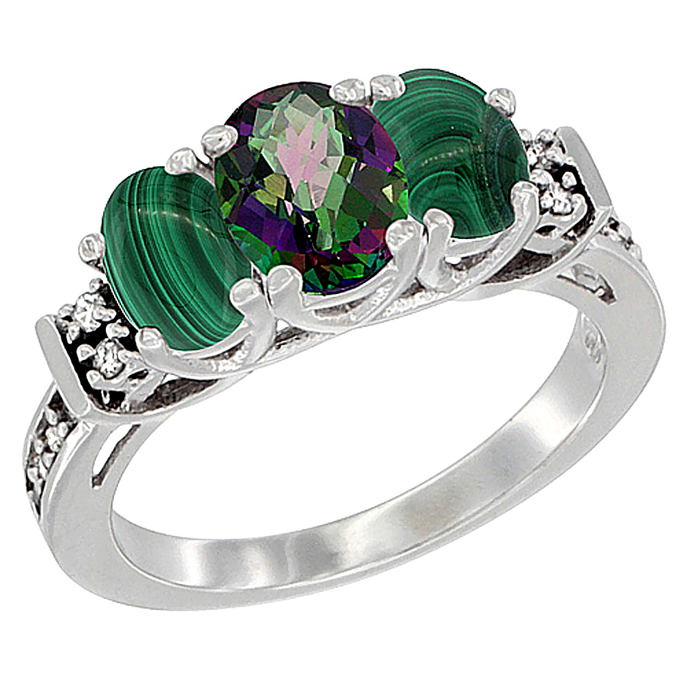 10K White Gold Natural Mystic Topaz & Malachite Ring 3-Stone Oval Diamond Accent, sizes 5-10