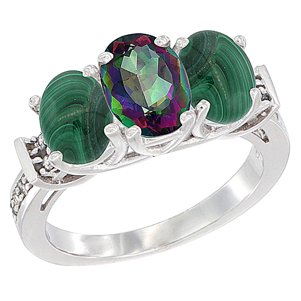 10K White Gold Natural Mystic Topaz & Malachite Sides Ring 3-Stone Oval Diamond Accent, sizes 5 - 10