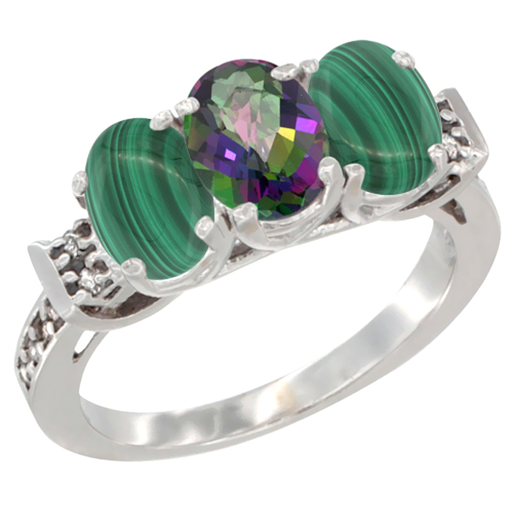 10K White Gold Natural Mystic Topaz & Malachite Sides Ring 3-Stone Oval 7x5 mm Diamond Accent, sizes 5 - 10