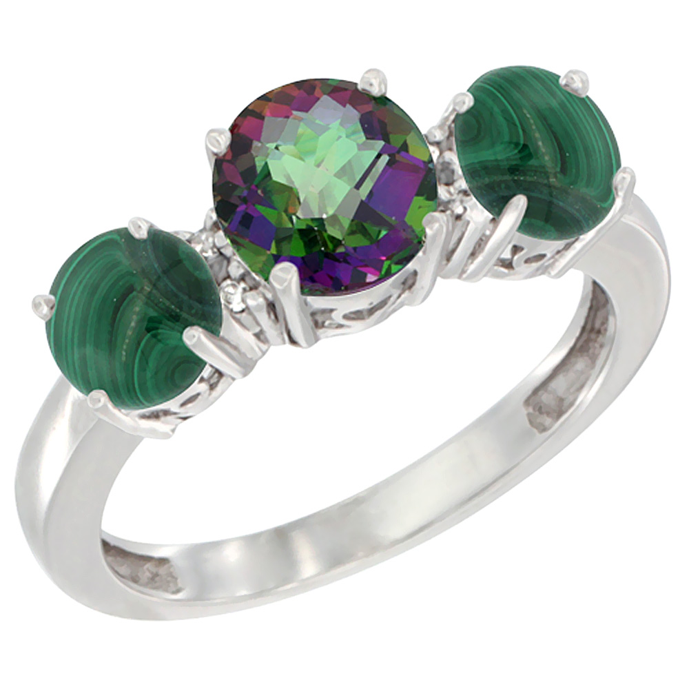 14K White Gold Round 3-Stone Natural Mystic Topaz Ring & Malachite Sides Diamond Accent, sizes 5 - 10