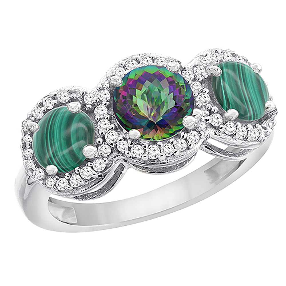 10K White Gold Natural Mystic Topaz & Malachite Sides Round 3-stone Ring Diamond Accents, sizes 5 - 10