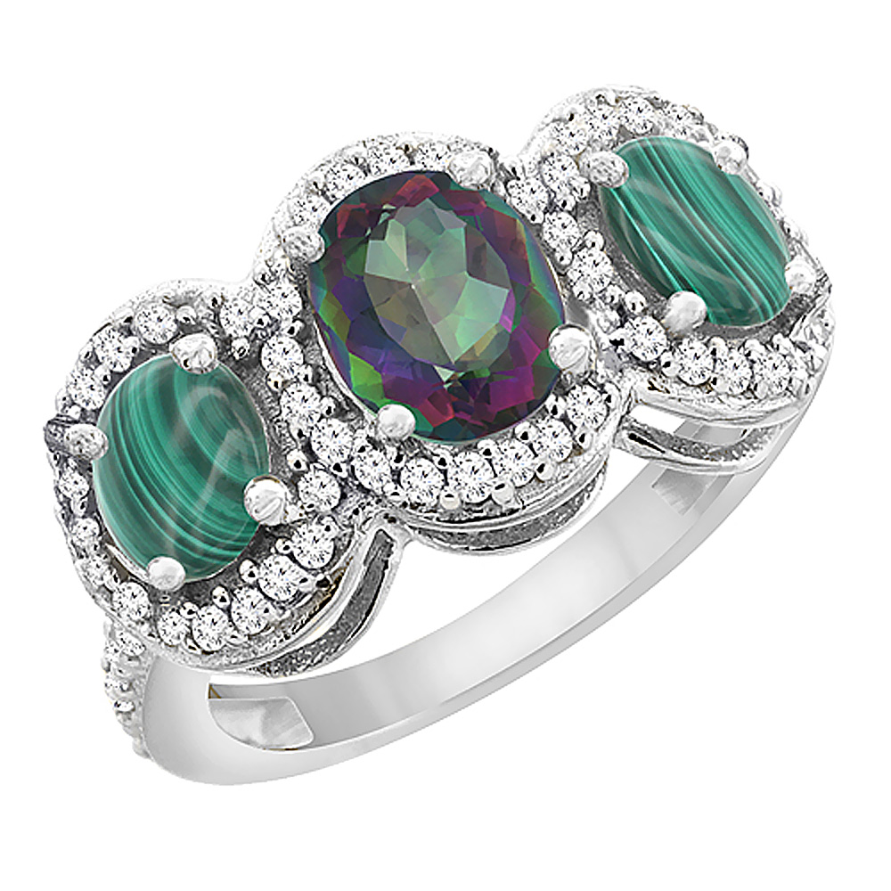 10K White Gold Natural Mystic Topaz & Malachite 3-Stone Ring Oval Diamond Accent, sizes 5 - 10