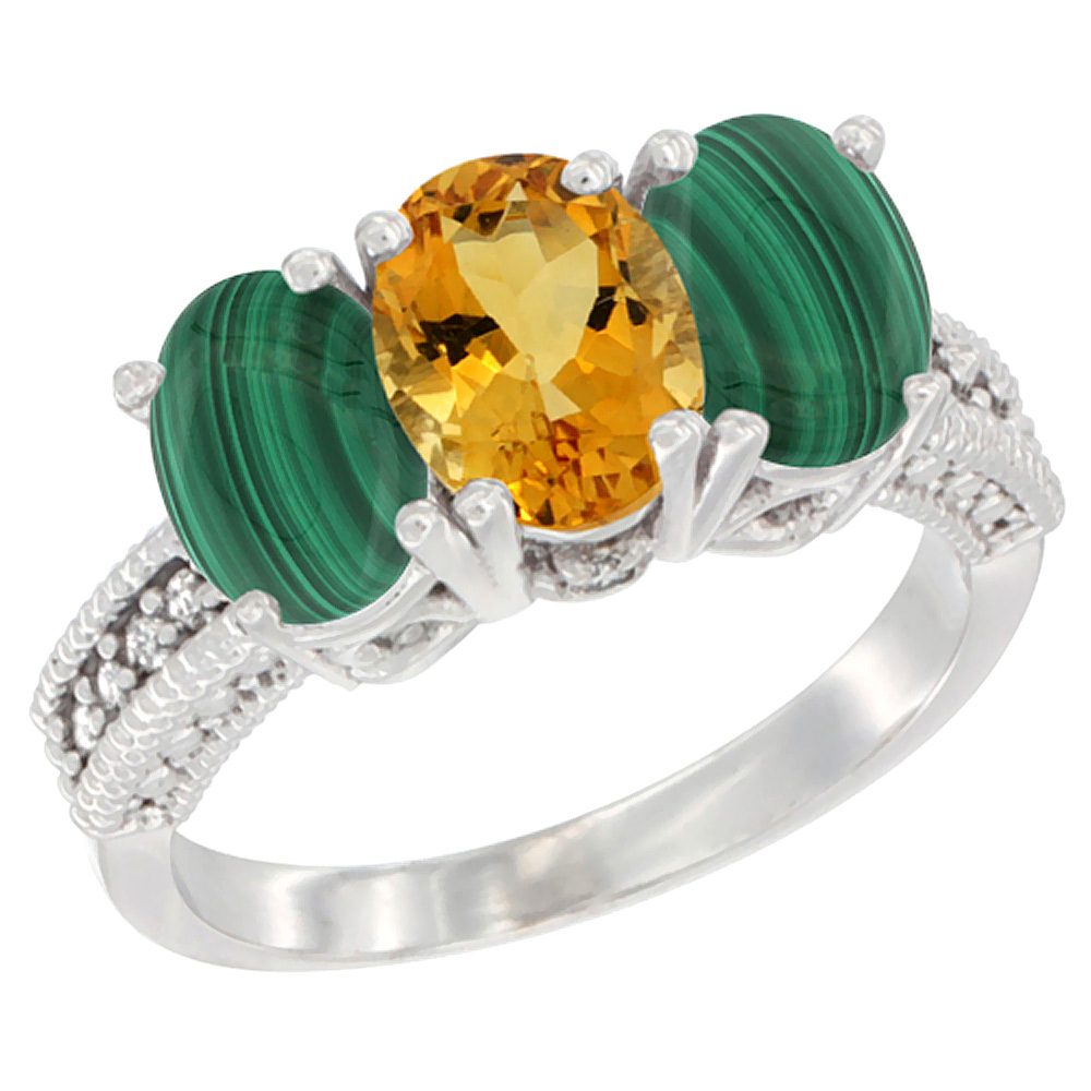 10K White Gold Diamond Natural Citrine & Malachite Ring 3-Stone 7x5 mm Oval, sizes 5 - 10