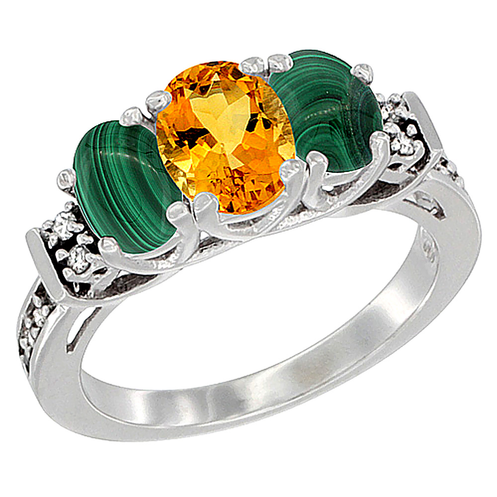 10K White Gold Natural Citrine &amp; Malachite Ring 3-Stone Oval Diamond Accent, sizes 5-10