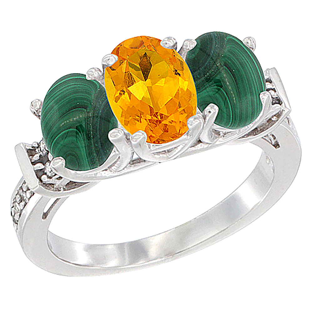 10K White Gold Natural Citrine &amp; Malachite Sides Ring 3-Stone Oval Diamond Accent, sizes 5 - 10