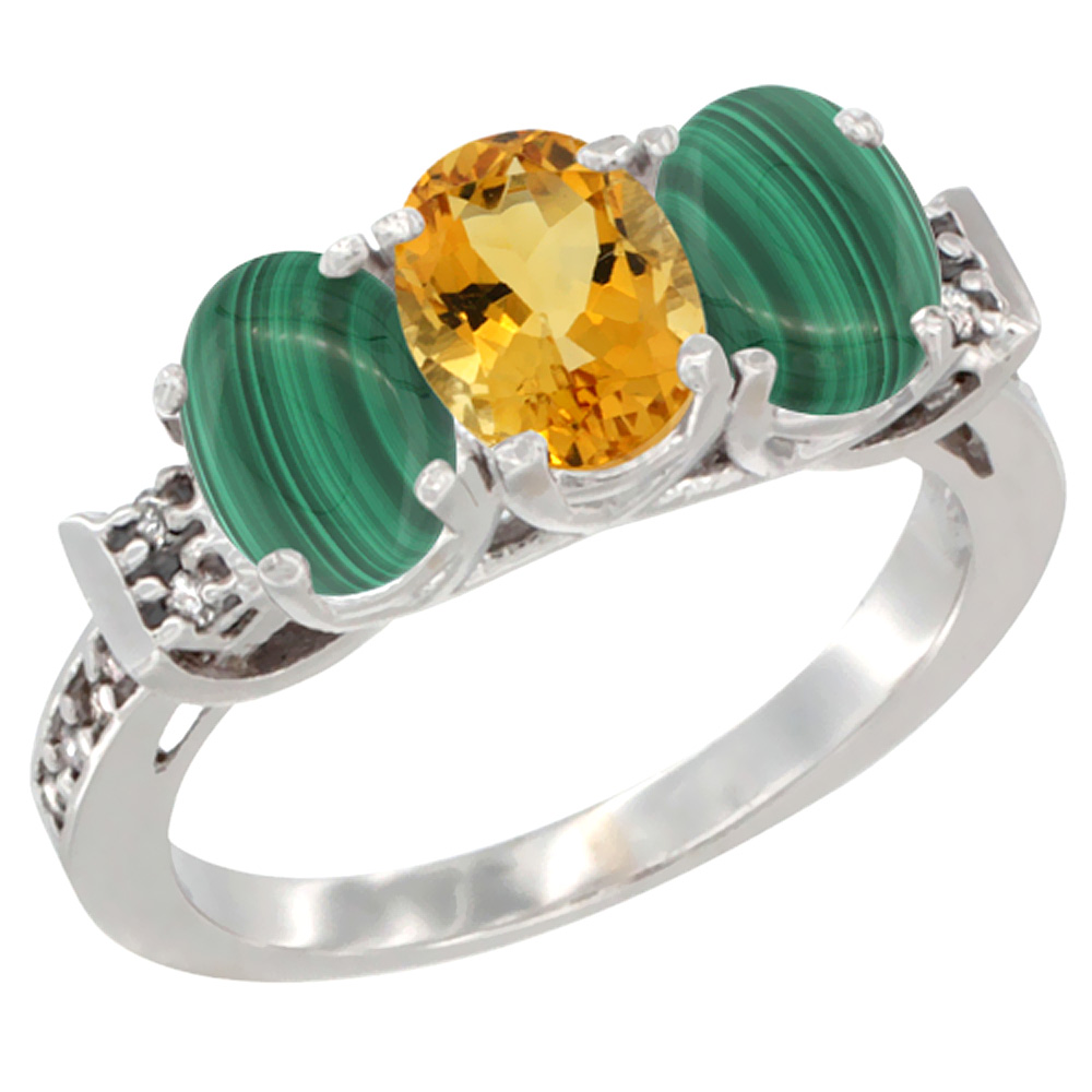 14K White Gold Natural Citrine & Malachite Ring 3-Stone 7x5 mm Oval Diamond Accent, sizes 5 - 10