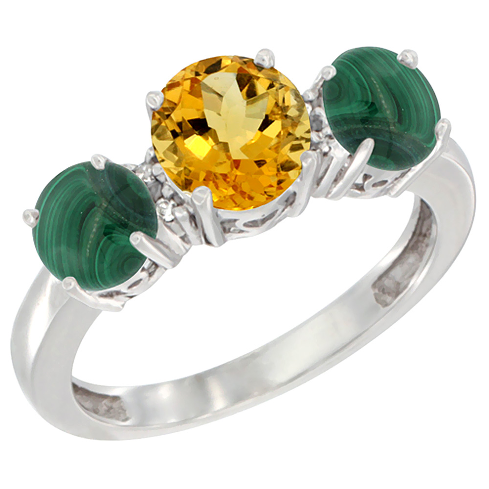 10K White Gold Round 3-Stone Natural Citrine Ring &amp; Malachite Sides Diamond Accent, sizes 5 - 10