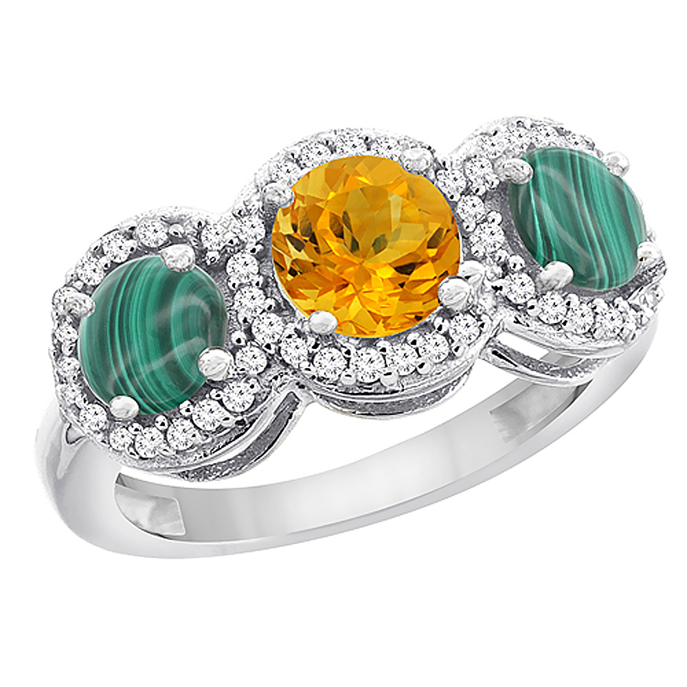 14K White Gold Natural Citrine & Malachite Sides Round 3-stone Ring Diamond Accents, sizes 5 - 10