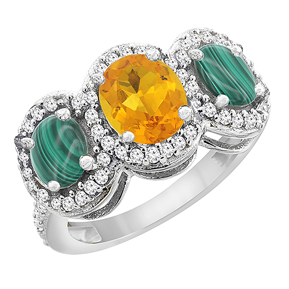 14K White Gold Natural Citrine &amp; Malachite 3-Stone Ring Oval Diamond Accent, sizes 5 - 10