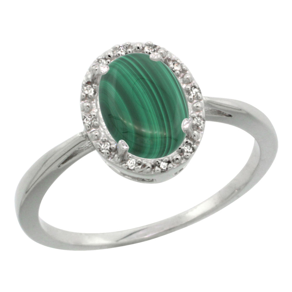 10K White Gold Natural Malachite Diamond Halo Ring Oval 8X6mm, sizes 5 10