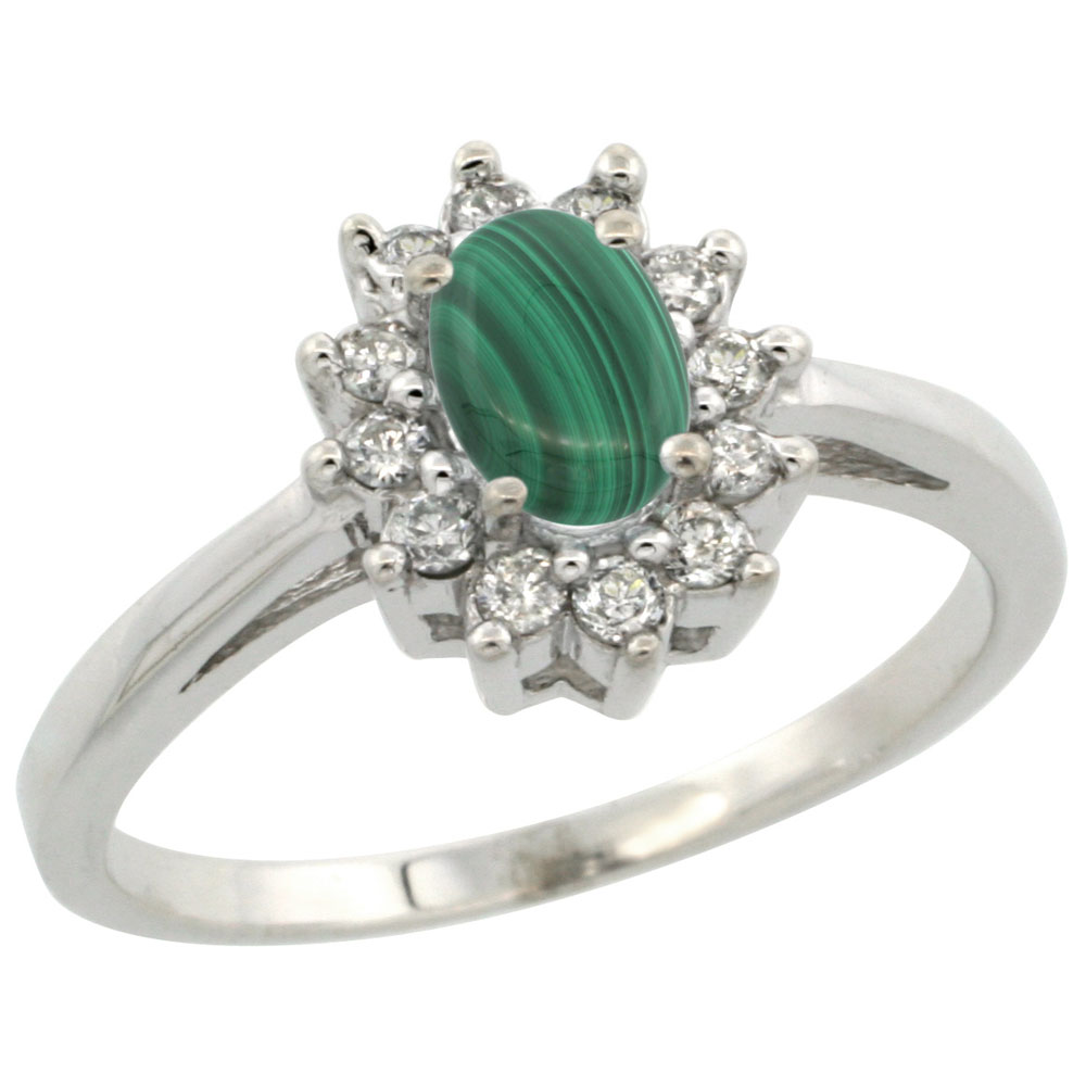 14K White Gold Natural Malachite Flower Diamond Halo Ring Oval 6x4 mm, sizes 5 10