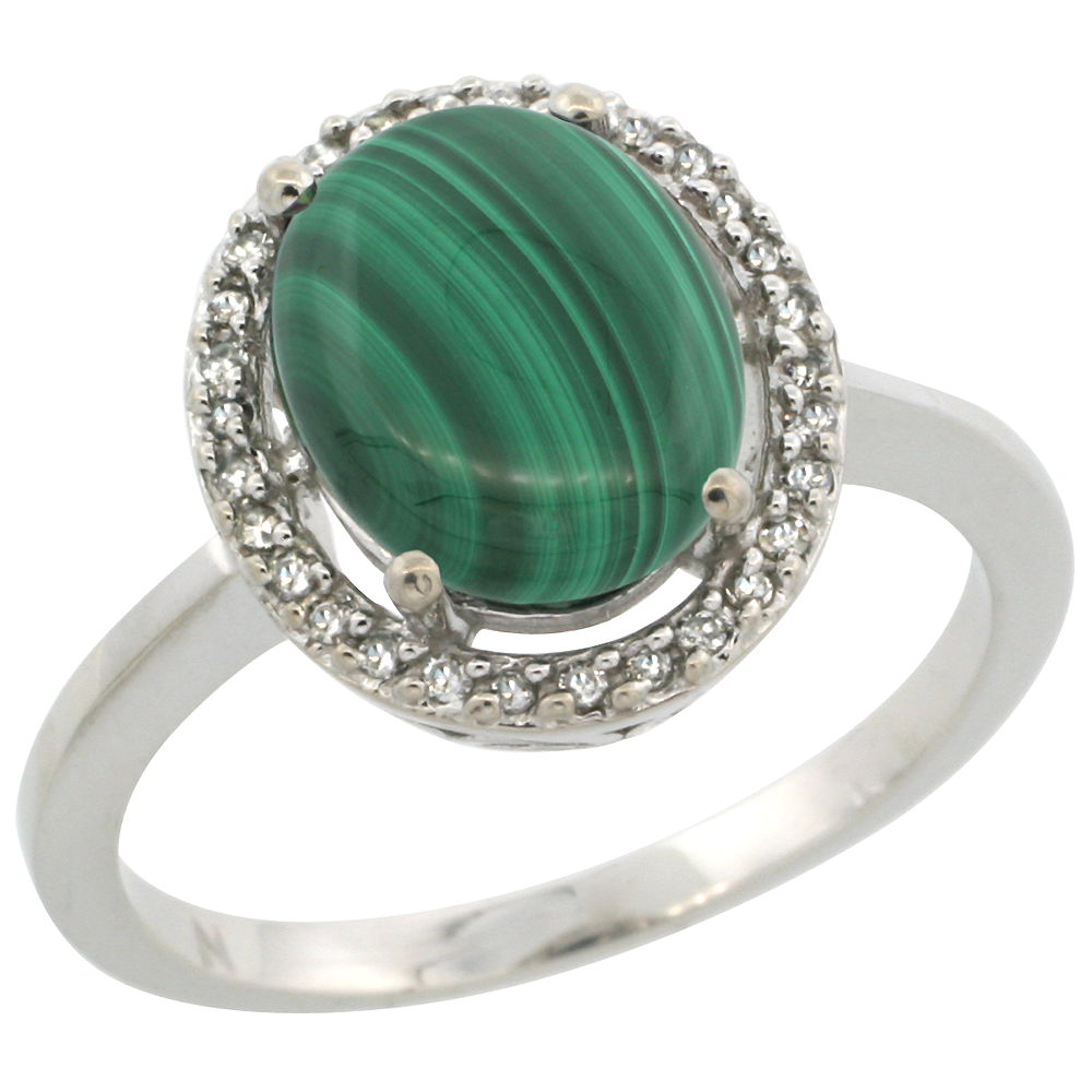 10K White Gold Diamond Halo Natural Malachite Engagement Ring Oval 10x8 mm, sizes 5 10