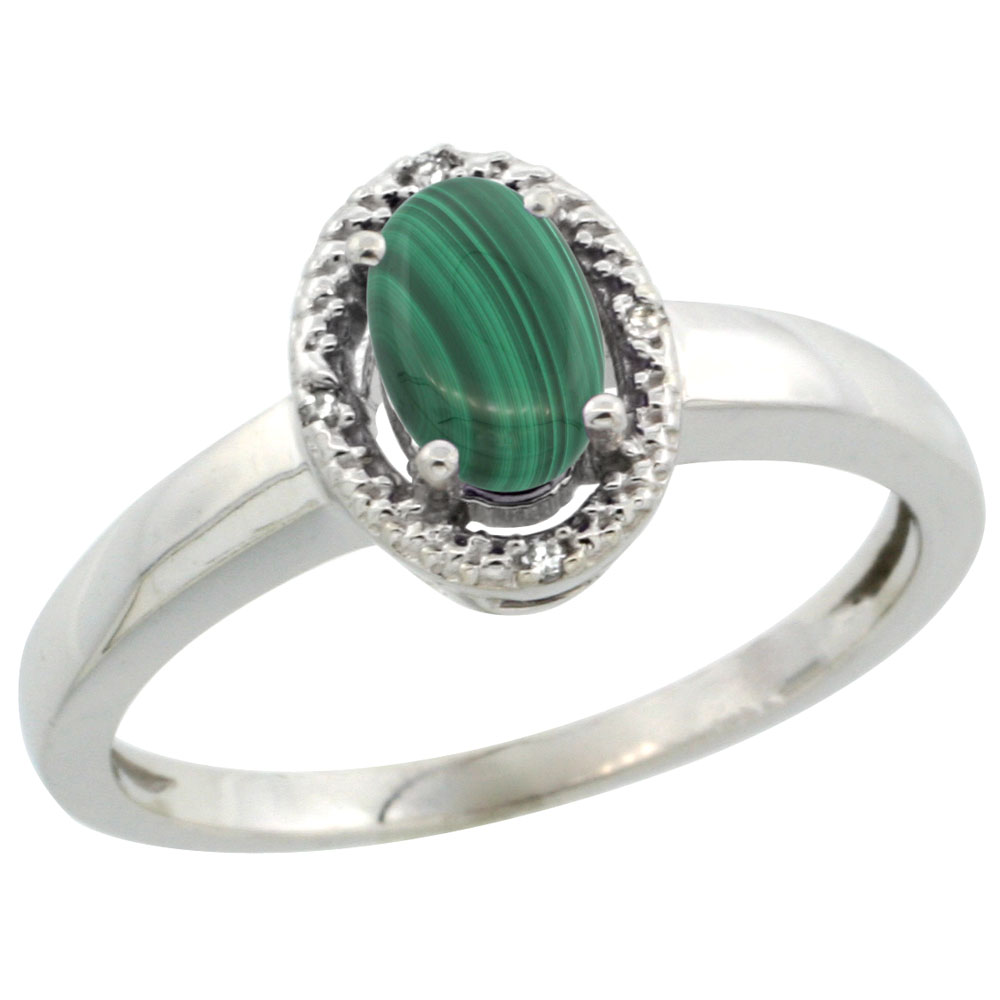 10K White Gold Diamond Halo Natural Malachite Engagement Ring Oval 6X4 mm, sizes 5-10