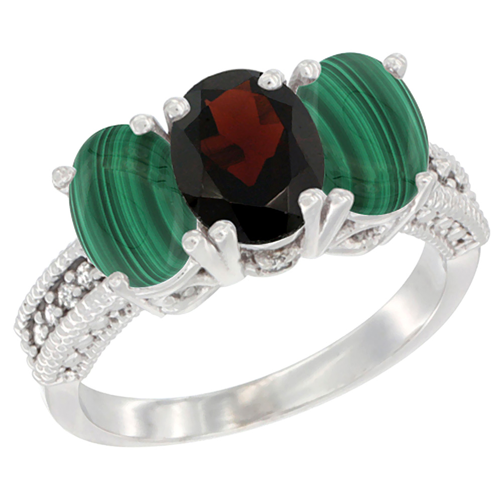 10K White Gold Diamond Natural Garnet &amp; Malachite Ring 3-Stone 7x5 mm Oval, sizes 5 - 10