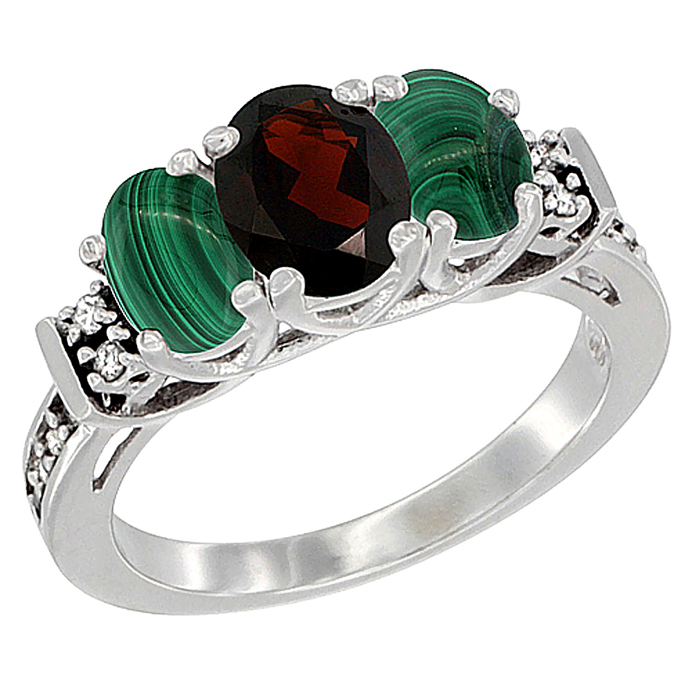 10K White Gold Natural Garnet & Malachite Ring 3-Stone Oval Diamond Accent, sizes 5-10