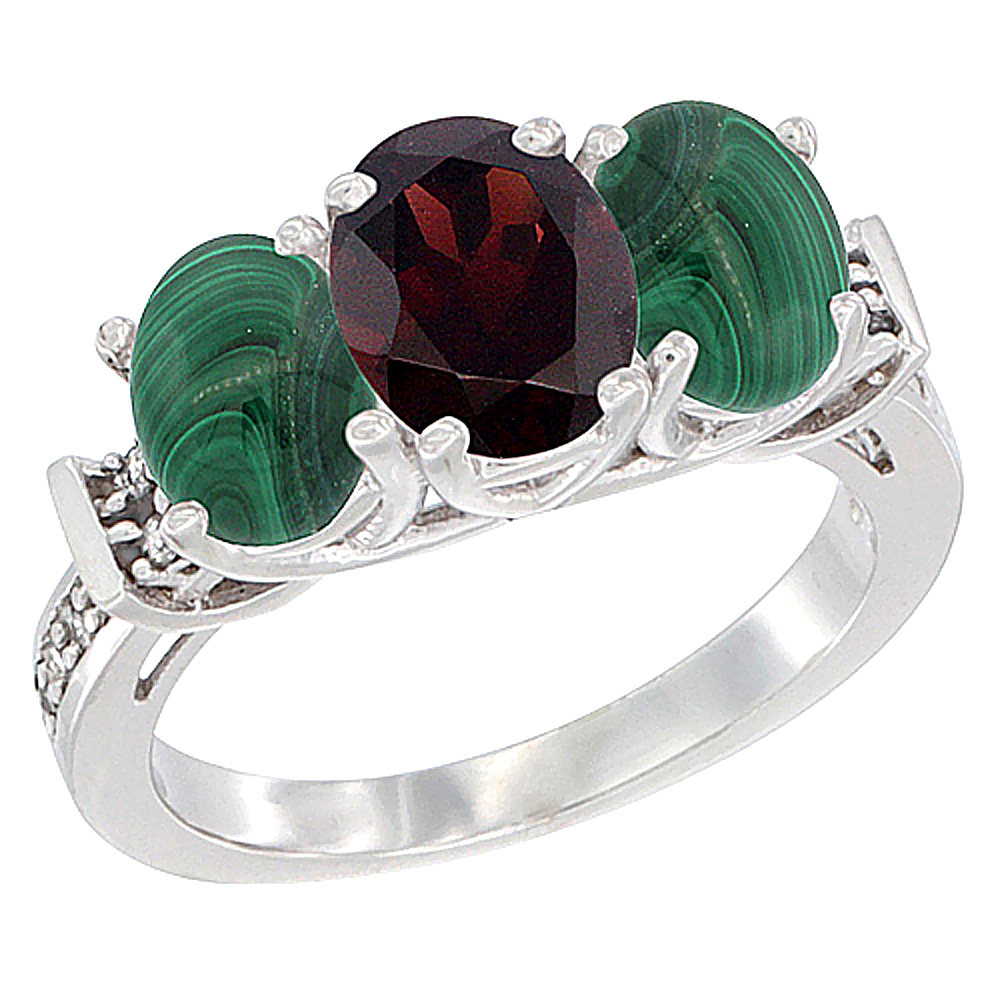 14K White Gold Natural Garnet & Malachite Sides Ring 3-Stone Oval Diamond Accent, sizes 5 - 10