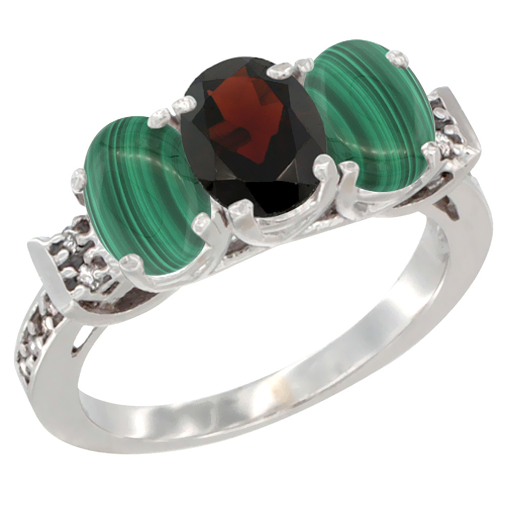 10K White Gold Natural Garnet &amp; Malachite Sides Ring 3-Stone Oval 7x5 mm Diamond Accent, sizes 5 - 10